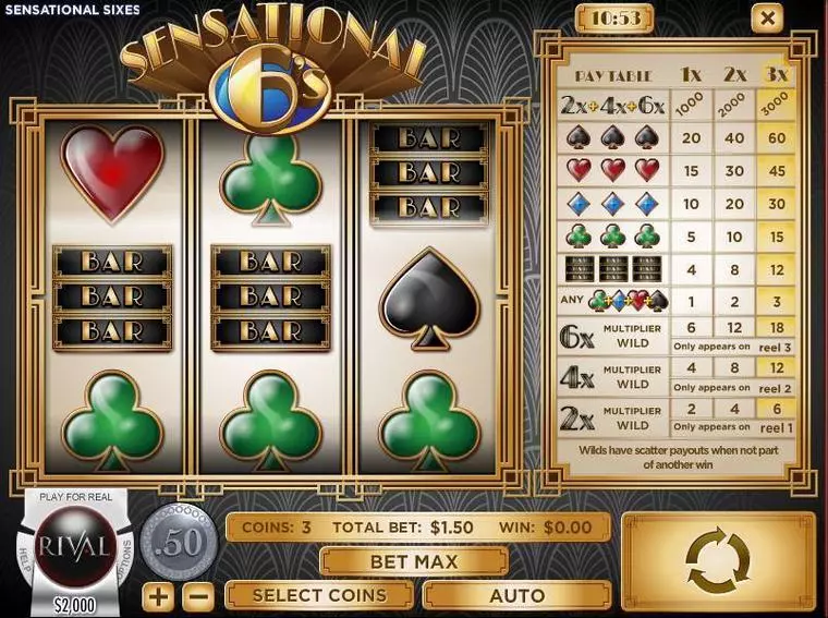  Main Screen Reels at Sensational Sixes 3 Reel Mobile Real Slot created by Rival