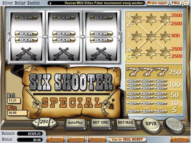  Main Screen Reels at Six Shooter Special 3 Reel Mobile Real Slot created by Vegas Technology