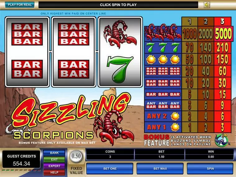  Main Screen Reels at Sizzling Scorpions 3 Reel Mobile Real Slot created by Microgaming