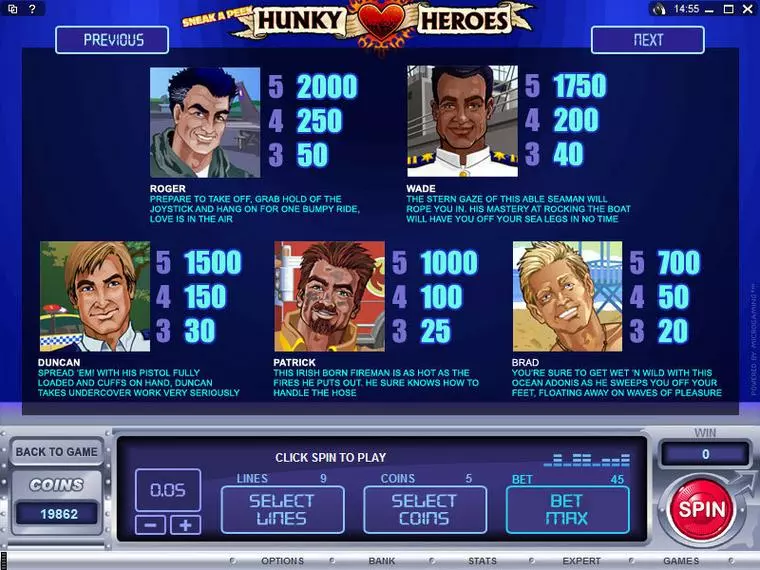  Info and Rules at Sneak a Peek - Hunky Heroes 5 Reel Mobile Real Slot created by Microgaming