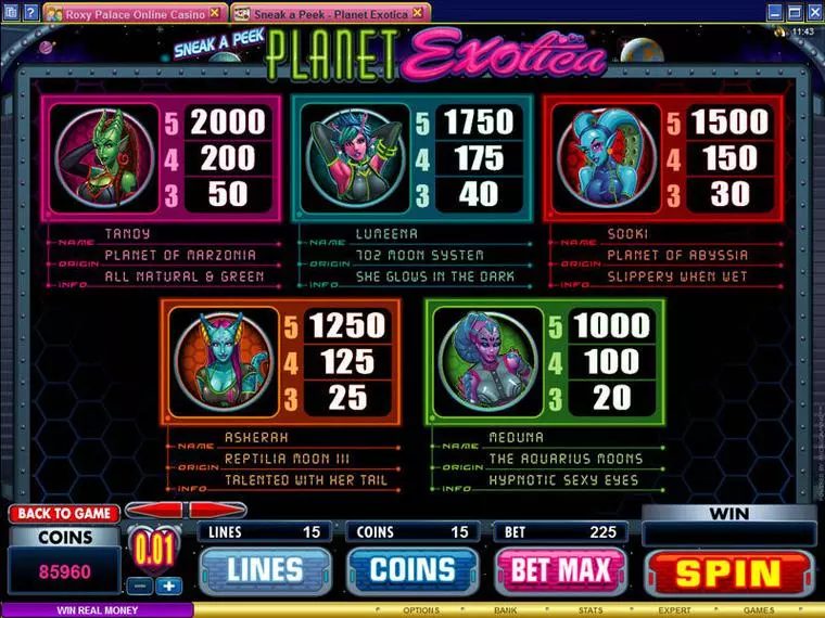  Info and Rules at Sneak a Peek - Planet Exotica 5 Reel Mobile Real Slot created by Microgaming