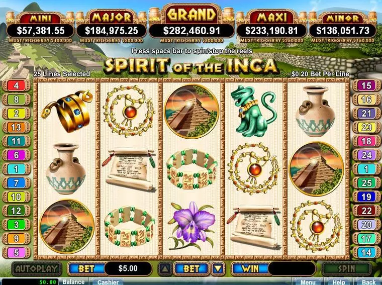  Main Screen Reels at Spirit Of The Inca 5 Reel Mobile Real Slot created by RTG