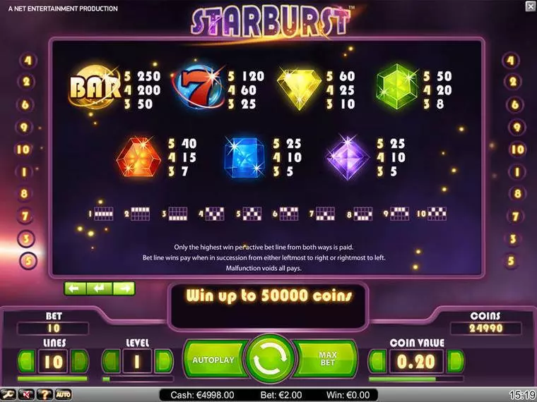  Info and Rules at Starburst 5 Reel Mobile Real Slot created by NetEnt