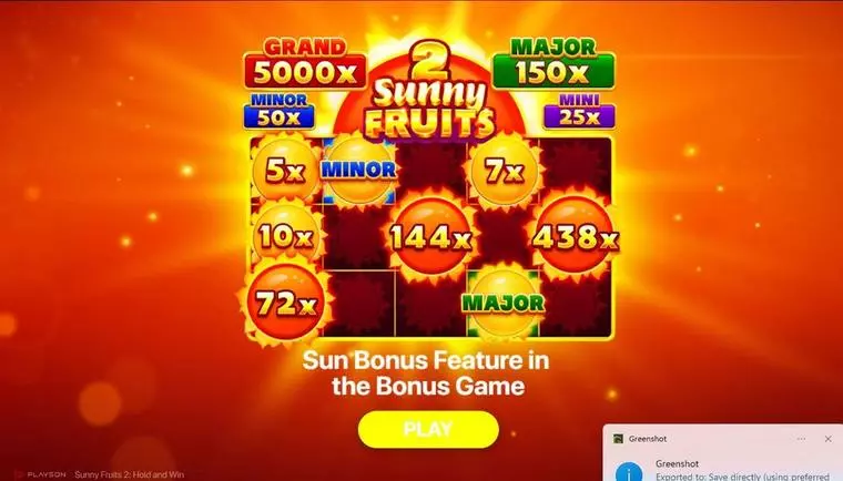  Introduction Screen at Sunny Fruits 2: Hold and Win 5 Reel Mobile Real Slot created by Playson