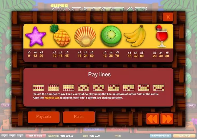  Paytable at Super Caribbean Cashpot 5 Reel Mobile Real Slot created by 1x2 Gaming