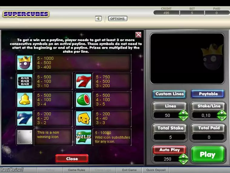  Info and Rules at Super Cubes 0 Reel Mobile Real Slot created by bwin.party