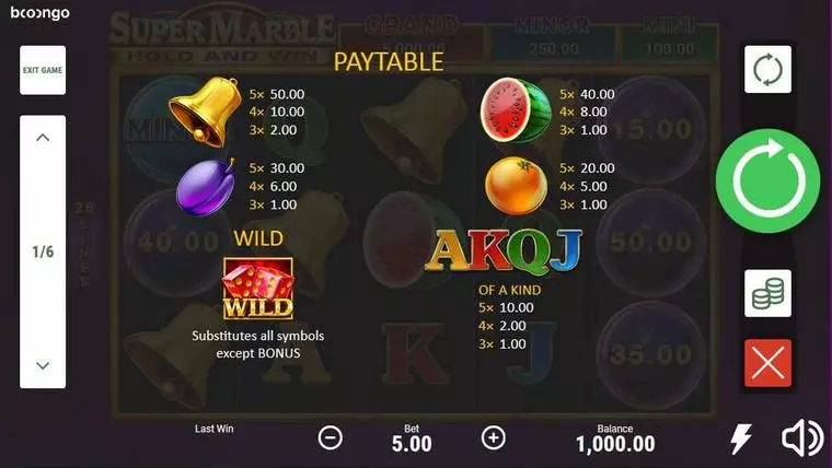  Paytable at Super Marble 5 Reel Mobile Real Slot created by Booongo