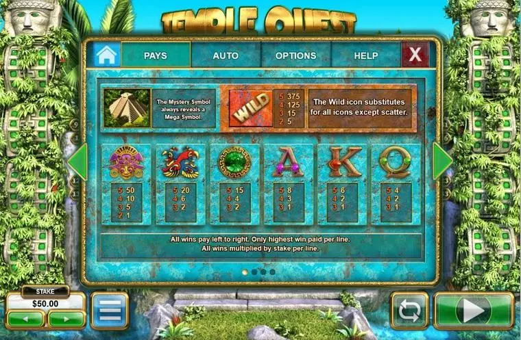  Paytable at Temple Quest Spinfinity 5 Reel Mobile Real Slot created by Big Time Gaming