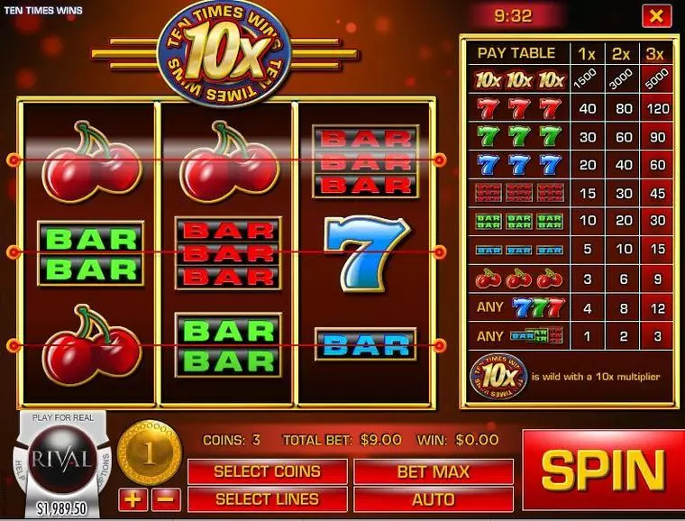  Main Screen Reels at Ten Times Wins 3 Reel Mobile Real Slot created by Rival