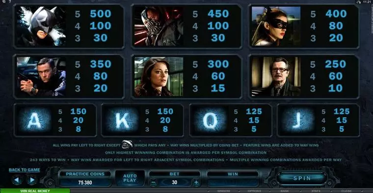  Info and Rules at The Dark Knight Rises 5 Reel Mobile Real Slot created by Microgaming