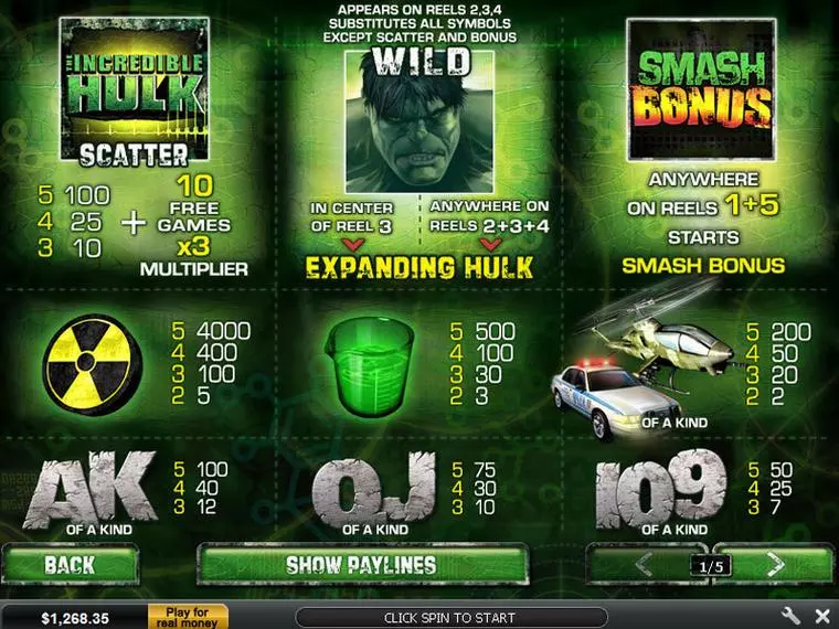  Info and Rules at The Incredible Hulk 50 Line 5 Reel Mobile Real Slot created by PlayTech
