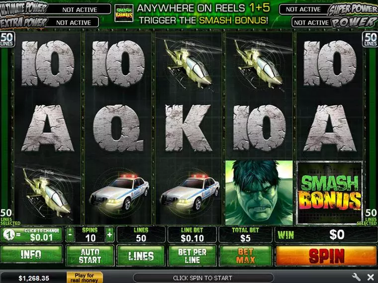  Main Screen Reels at The Incredible Hulk 50 Line 5 Reel Mobile Real Slot created by PlayTech