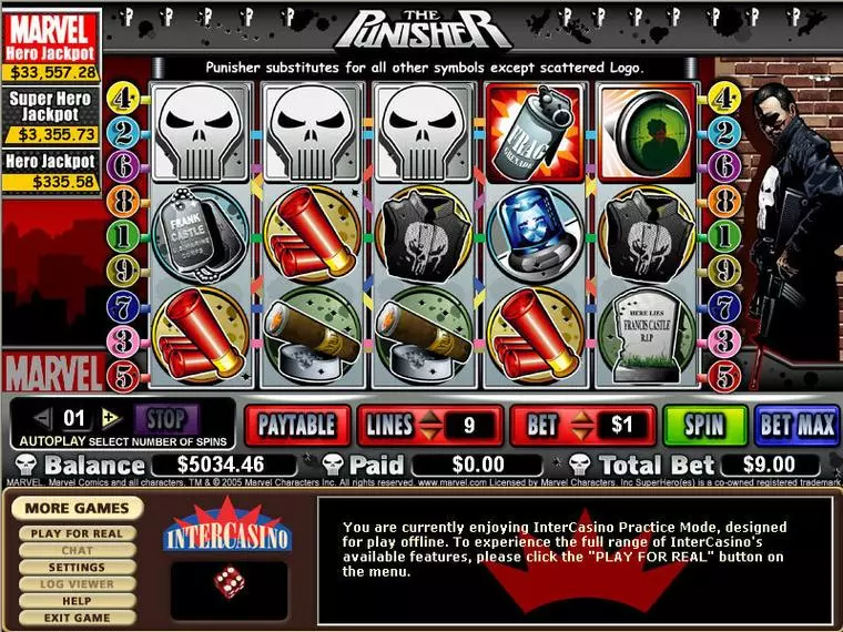  Main Screen Reels at The Punisher 5 Reel Mobile Real Slot created by CryptoLogic