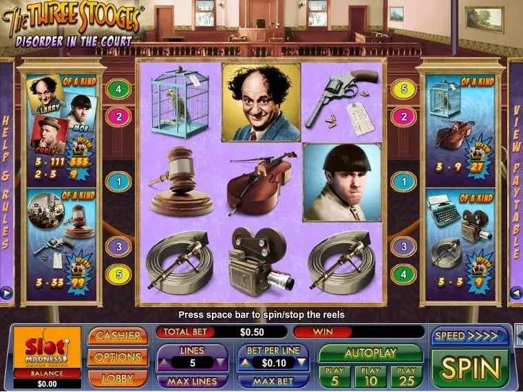  Main Screen Reels at The Three Stooges Disorder in the Court 3 Reel Mobile Real Slot created by NuWorks
