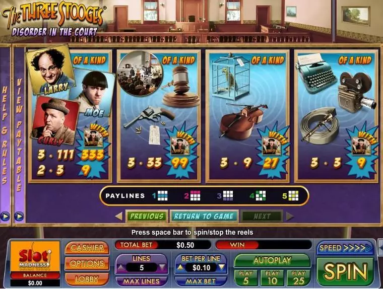  Info and Rules at The Three Stooges Disorder in the Court 3 Reel Mobile Real Slot created by NuWorks
