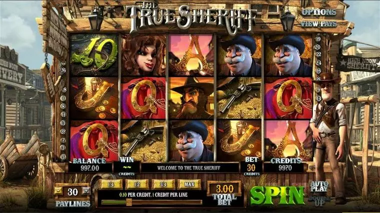  Introduction Screen at The True Sheriff 3 Reel Mobile Real Slot created by BetSoft