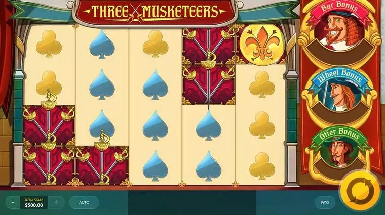  Main Screen Reels at Three Musketeers 5 Reel Mobile Real Slot created by Red Tiger Gaming