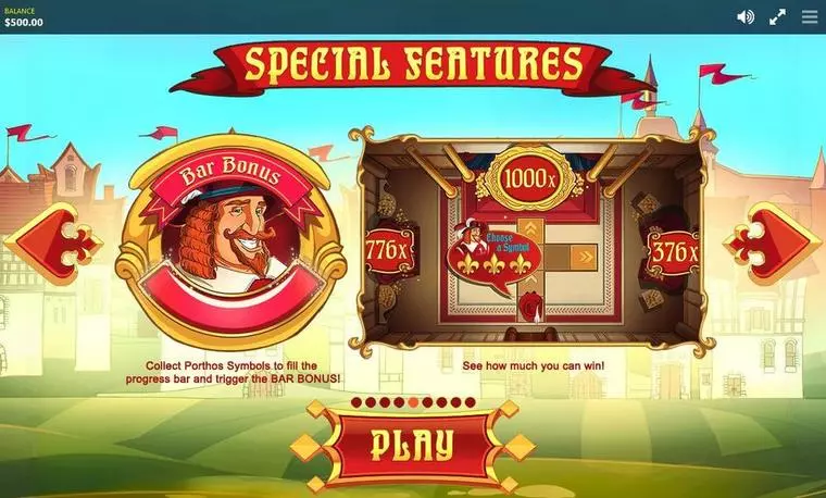 Info and Rules at Three Musketeers 5 Reel Mobile Real Slot created by Red Tiger Gaming