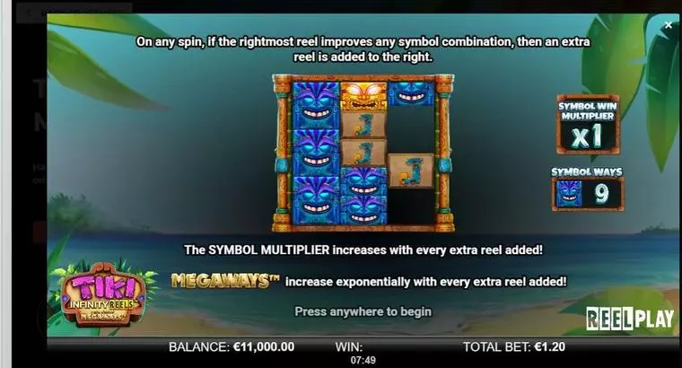  Info and Rules at Tiki Infinity Reels X Megaways 3 Reel Mobile Real Slot created by ReelPlay