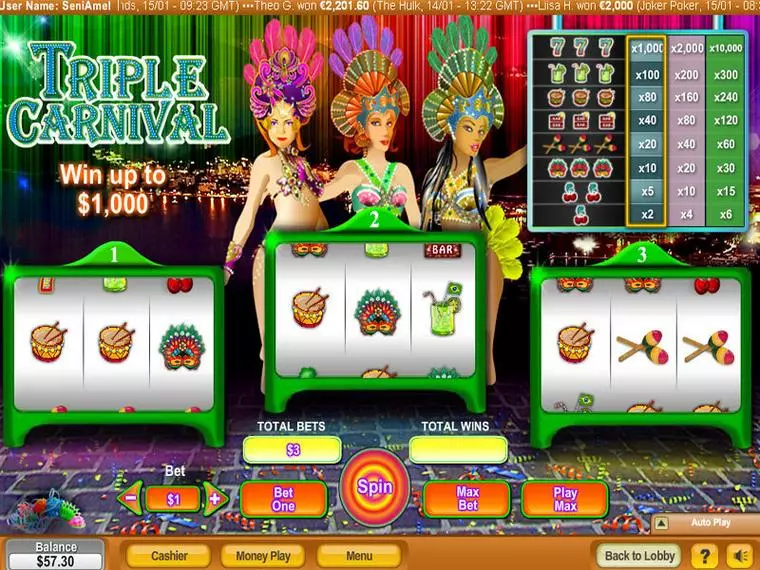  Main Screen Reels at Triple Carnival 3 Reel Mobile Real Slot created by NeoGames