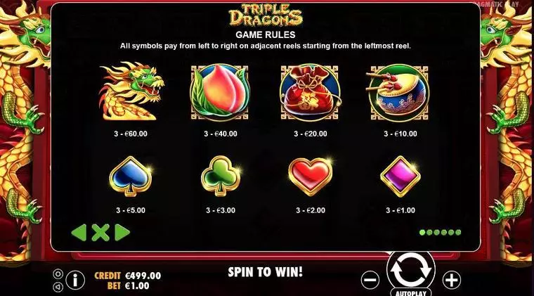  Info and Rules at Triple Dragons 3 Reel Mobile Real Slot created by Pragmatic Play