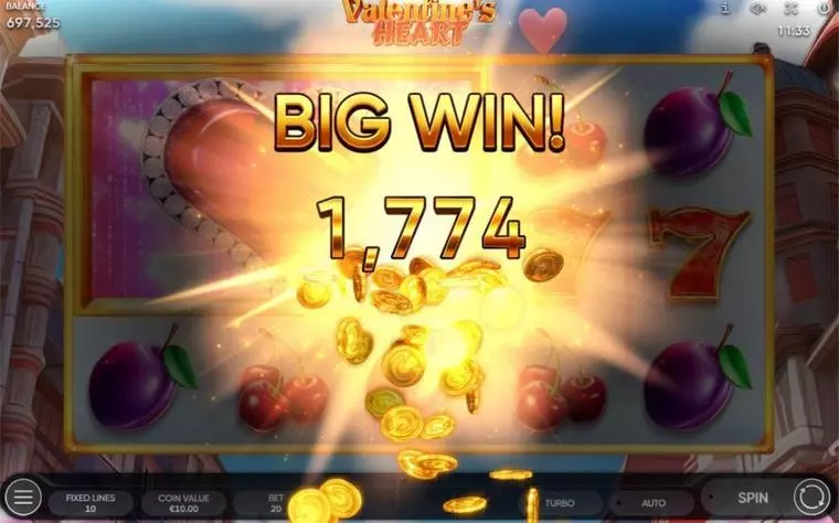 Winning Screenshot at Valentine's Heart 5 Reel Mobile Real Slot created by Endorphina