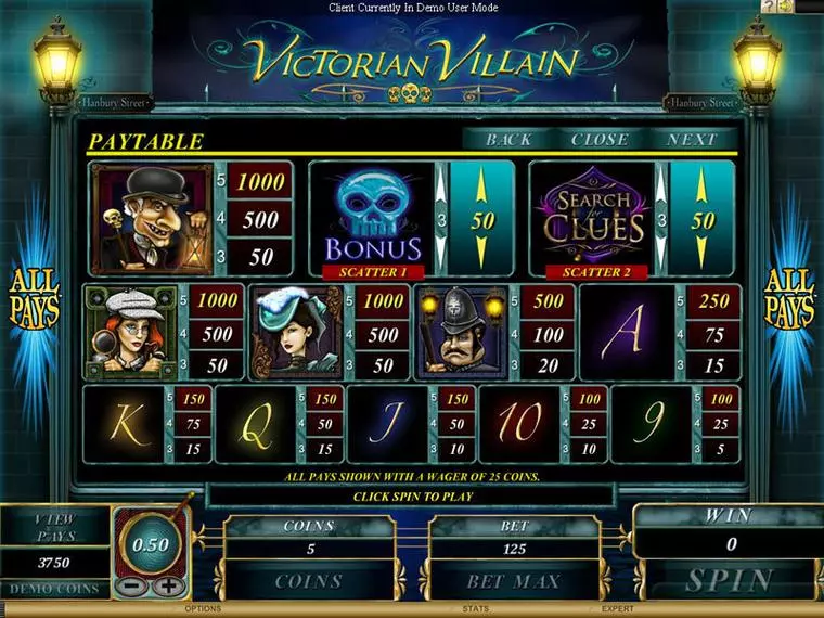  Info and Rules at Victorian Villain 5 Reel Mobile Real Slot created by Genesis