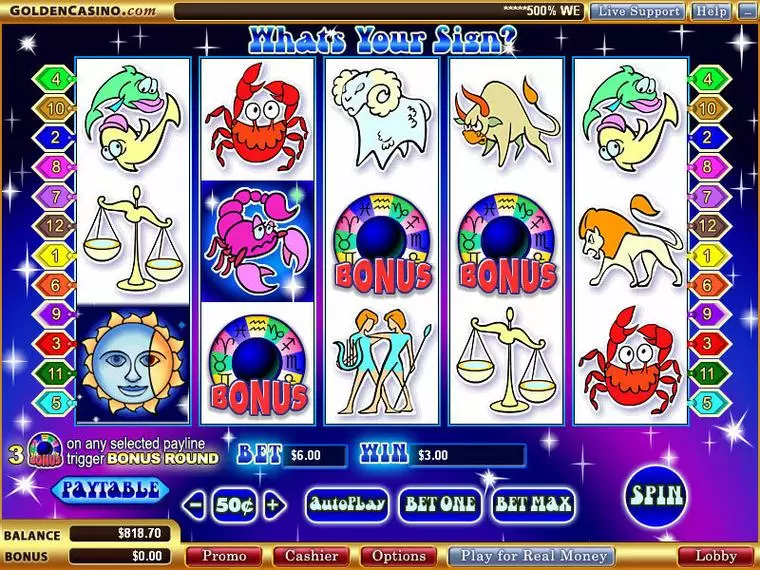  Main Screen Reels at What's Your Sign 5 Reel Mobile Real Slot created by WGS Technology