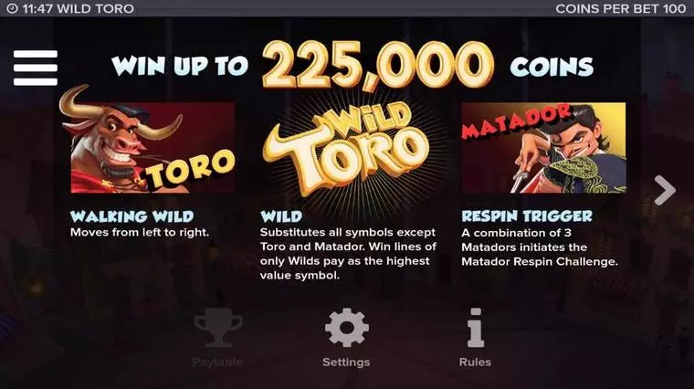  Info and Rules at Wild Toro 5 Reel Mobile Real Slot created by Elk Studios